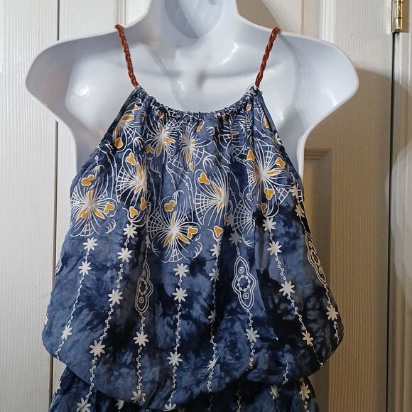 Sleeveless weaved strap blue white yellow floral print romper  Sz L EUC - Picture 6 of 7